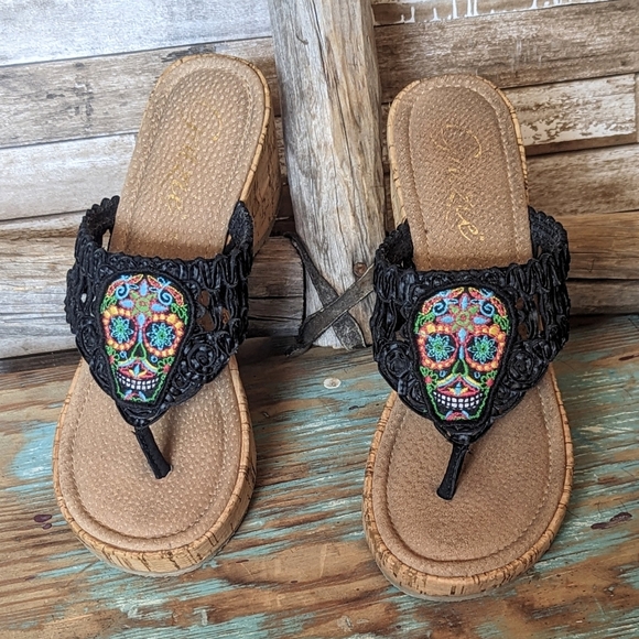 Grazie Sugar Skull Cork Wedges - Picture 2 of 11